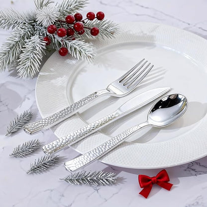WELLIFE 300PCS Silver Plastic Silverware,Pre Rolled Silverware Set Disposable,Hammer Pattern Design,Disposable Cutlery Includes: 75 Forks, 75 Knives, 75 Spoons, 75 Napkins,Christmas Utensils