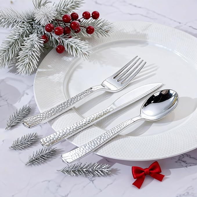 WELLIFE 400PCS Silver Plastic Silverware, Pre Rolled Silverware Set Disposable,Plastic Cutlery Includes: 100 Forks, 100 Knives, 100 Spoons, 100 Napkins, Cutlery Set Disposable for Christmas