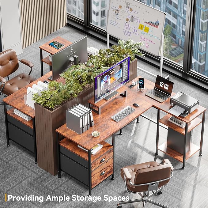 Furologee L Shaped Computer Desk with Power Outlet, Reversible Home Office Desk for Work Study, 50 Inch Corner Gaming Table with File Drawer, Monitor Stand, Storage Shelves, Rustic Brown
