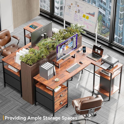 Furologee L Shaped Computer Desk with Power Outlet, Reversible Home Office Desk for Work Study, 50 Inch Corner Gaming Table with File Drawer, Monitor Stand, Storage Shelves, Rustic Brown