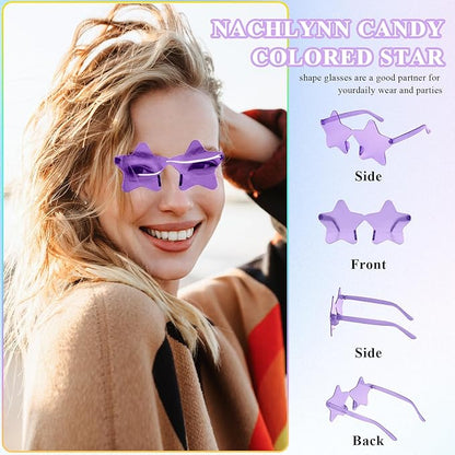 NACHLYNN 24 Pcs Pentagram Glasses Purple Rimless Star Shaped Sunglasses Transparent Sunglasses for Party Costumes Cosplay