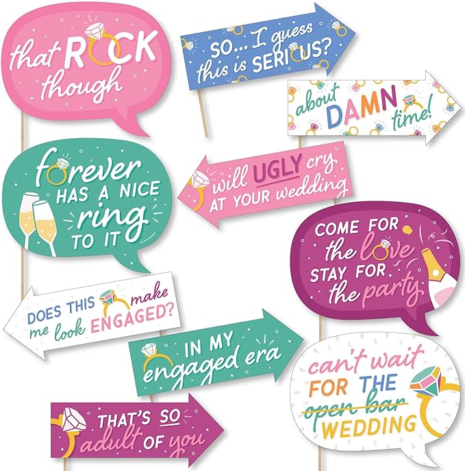 Photo Booth Props Kit for Engagement Party - 10-Piece Speech Bubble and Arrow Set, Premium Cardstock Photo Props with Assembly Sticks - Colorful