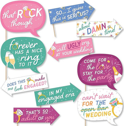 Photo Booth Props Kit for Engagement Party - 10-Piece Speech Bubble and Arrow Set, Premium Cardstock Photo Props with Assembly Sticks - Colorful