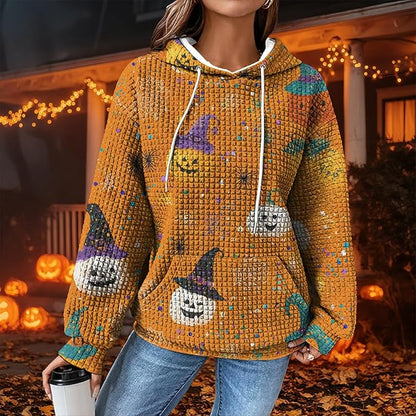 Halloween Sweatshirts for Women Novelty Graphic Drawstring Waffle Hoodies Loose Casual Pullover Tops with Pocket