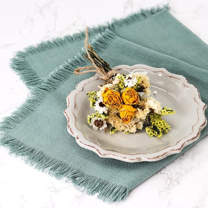 Handmade Cloth Napkins with Fringe,18 x 18 Inches Cotton Linen Napkins Set of 12 Versatile Handmade Square Rustic Fringe Napkins for Dinner, Wedding and Parties, Sage