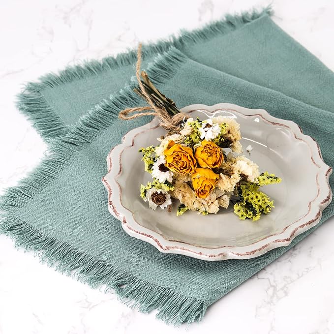 Handmade Cloth Napkins with Fringe,18 x 18 Inches Cotton Linen Napkins Set of 6 Versatile Handmade Square Rustic Fringe Napkins for Dinner, Wedding and Parties, Sage