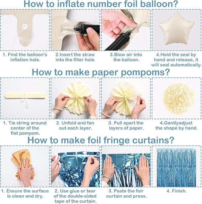 Dusty Blue 50th Birthday Party Decorations for Women Men Beige Cream Number 50 Balloon with Blue Gold Happy Birthday Banner Fringe Curtain Paper Pom Poms Nude White Sand Champagne Star Foil Balloons