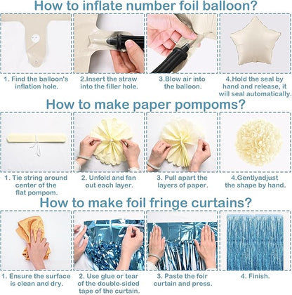 Dusty Blue 13th Birthday Party Decorations Boys Girls Beige Cream Number 13 Balloon with Blue Gold Happy Birthday Banner Fringe Curtain Paper Pom Poms Nude White Sand Champagne Star Foil Balloons