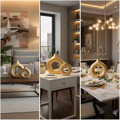 Modern Donut-Shaped Decorative Vases, Handmade Minimalist Boho ins Style, Modern Vase for Home Decor for Wedding Dinner Table Party Living Room Office Bedroom (Gold, Small)