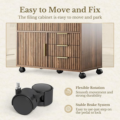 Fluted File Cabinet with 5 Drawers, Large Storage with Cabinet Door, Mobile Filing Cabinet with Locable Wheels for Home Office, Black Walnut