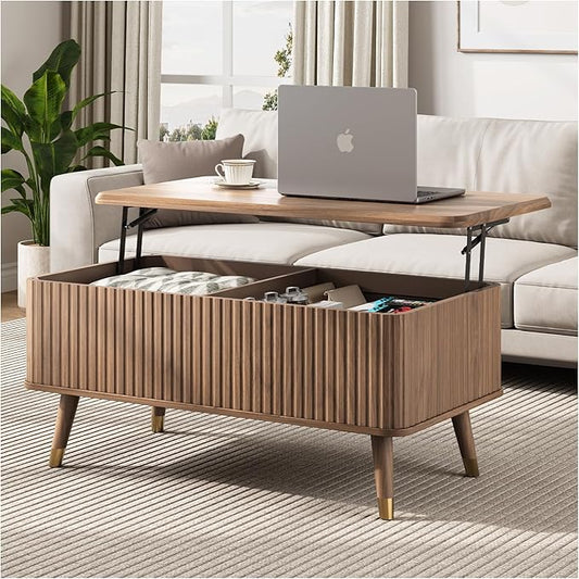 Lift Top Coffee Table with Storage, Mid Century Modern Fluted Wood Design,Pop-Up Walnut Center Table with Hidden Compartment for Living Room & Home Office Work/Dining