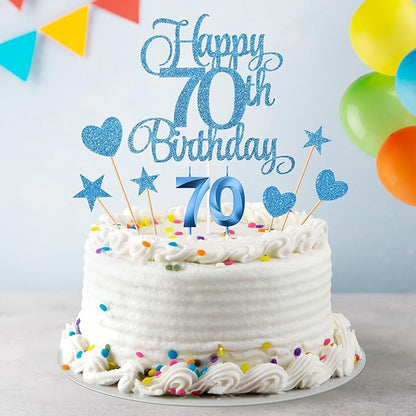 70th Birthday Cake Decorations, 70th Birthday Candles Cake Numeral Candles and Glitter Happy 70th Birthday Cake Toppers Set for Birthday Party Supplies (Blue)
