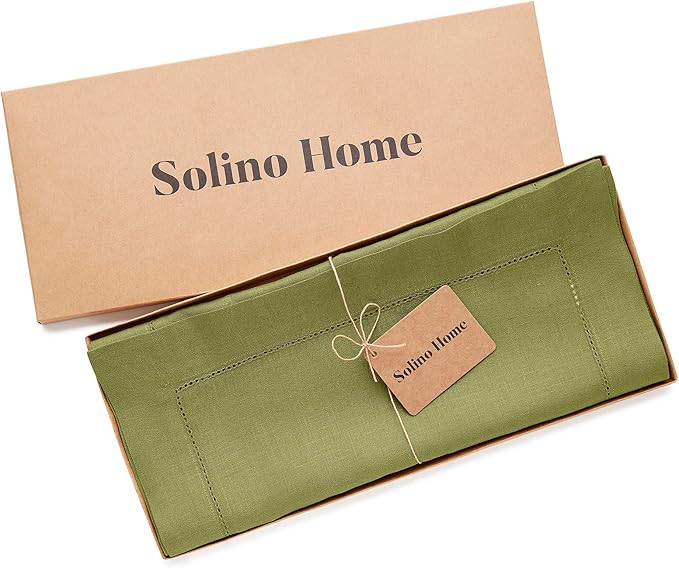 Solino Home Linen Avocado Green Table Runner 72 Inches Long - 100% Pure Linen Hemstitch Table Runner 14 x 72 Inch for Dresser, Dining, Fall, Autumn - Classic Hemstitch