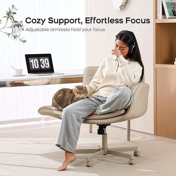 Criss Cross Chair with Armrests & Wheels, PU Leather Vanity Chair, Comfortable Adjustable Swivel Computer Office Desk Chairs for Home, Make Up, Bed Room (Cream)