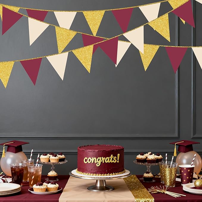 Burgundy Beige Gold Party Pennant Banner Flag Maroon Gold Hanging Glitter Paper Triangle Bunting for Graduation Birthday Bridal Shower Wedding Bachelorette Anniversary Baby Shower Party Decorations