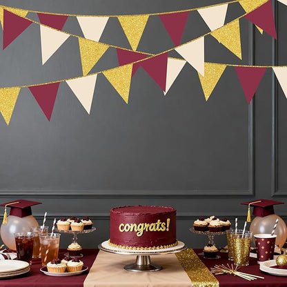 Burgundy Beige Gold Party Pennant Banner Flag Maroon Gold Hanging Glitter Paper Triangle Bunting for Graduation Birthday Bridal Shower Wedding Bachelorette Anniversary Baby Shower Party Decorations