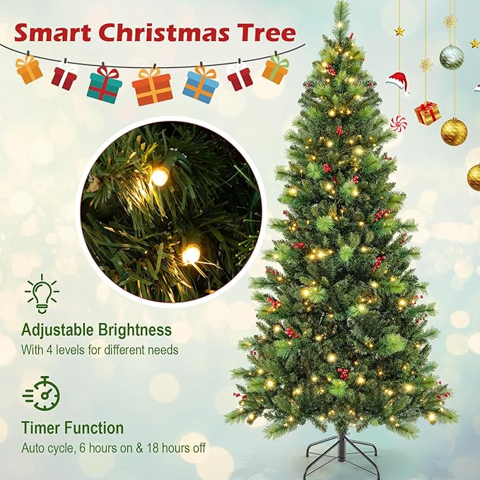 GOFLAME 7FT Pre-Lit Christmas Tree, Hinged Artificial Xmas Tree with Pine Needles, 974 Branch Tips, 36 Clusters of Red Berries, 400 LED Lights, 9 Lighting Modes, 4 Brightness, Remote Control & Timer