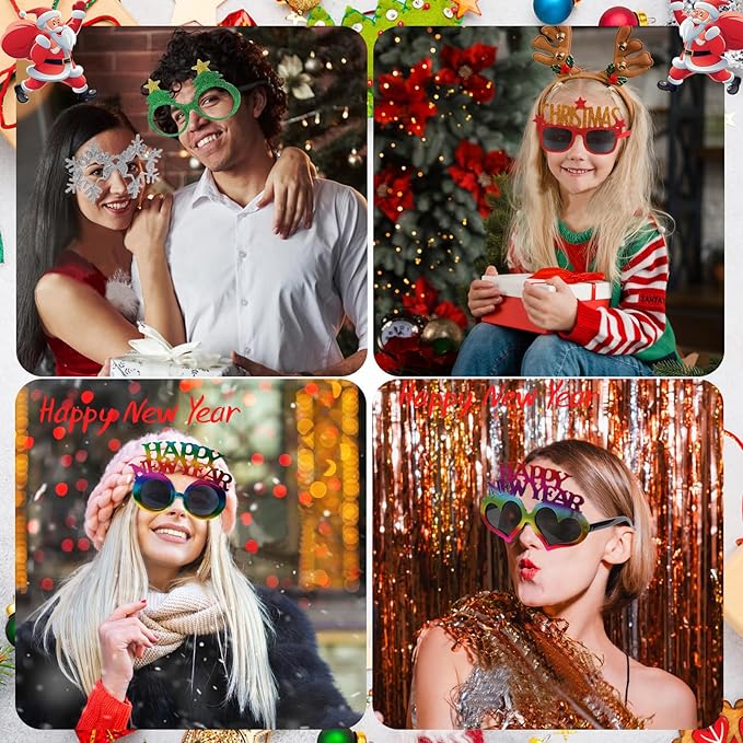Christmas and New Year Party Glasses Set, 24 Pieces Novelty XMAS Eyeglasses, Photo Booth Props for Holiday Celebration, Christmas Party Favors, New Year's Eve Party Supplies