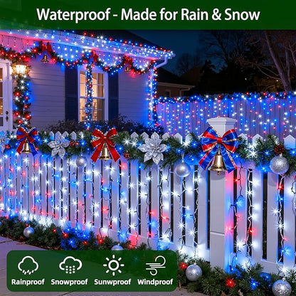 300LED Chrstmas Lights, 75ft Indoor Outdoor Christmas String Lights with 12 Modes, Red White and Blue Christmas Tree Lights with Timer Dimmable Connectable for Fence Garden Xmas Wedding Party Decor