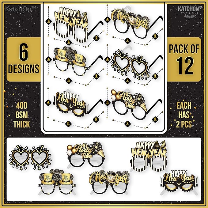 KatchOn, Happy New Year Glasses 2026 - Pack of 12 | New Years Eve Glasses, New Years Eve Party Supplies 2026 | Happy New Years Decorations 2026 | NYE Decorations 2026