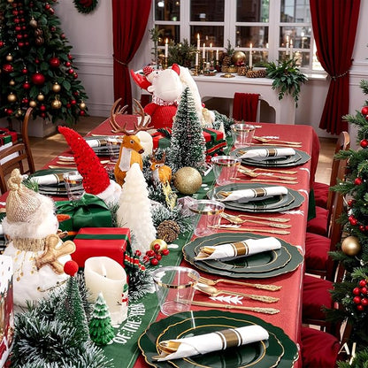 Liacere 350PCS Green Plastic Plates - Dark Green Disposable Plates With Gold Rim - 50Guest Baroque Plastic Dinnerware include 100Plates-50Pcs Pre Rolled Napkins with Silverware 50Cups for Christmas