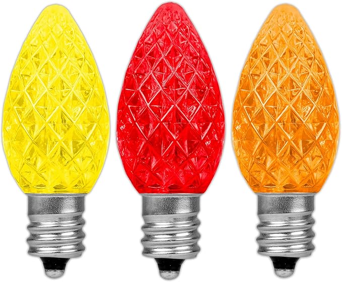 Novelty Lights 25pk Yellow/Red/Orange C7 LED Faceted Christmas Light Replacement Bulbs, Ultra Bright Dimmable Replacement Lamps for Indoor/Outdoor Light Strings