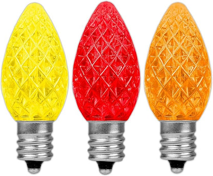 Novelty Lights 25pk Yellow/Red/Orange C7 LED Faceted Christmas Light Replacement Bulbs, Ultra Bright Dimmable Replacement Lamps for Indoor/Outdoor Light Strings