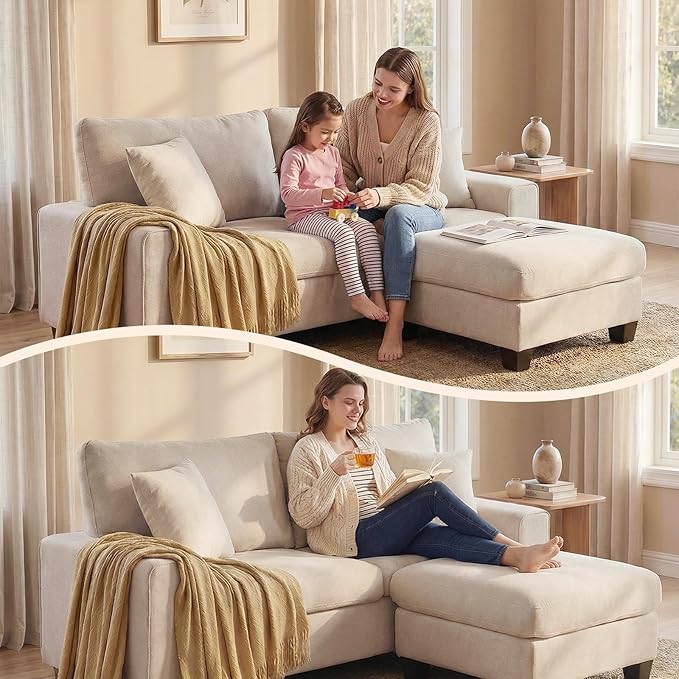 DOPEDIO L-Shaped Sectional Sofa with Storage Ottoman, Modern Chenille Recliner Loveseat, Removable Couch Covers, Pocket Spring Cushions, Solid Wood Frame, Easy to Install (71.25inch, Beige)