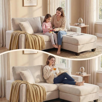 DOPEDIO L-Shaped Sectional Sofa with Storage Ottoman, Modern Chenille Recliner Loveseat, Removable Couch Covers, Pocket Spring Cushions, Solid Wood Frame, Easy to Install (71.25inch, Beige)