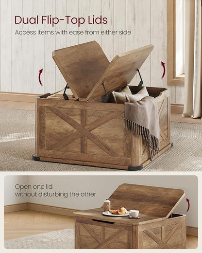 VASAGLE LIRY Collection - Farmhouse Coffee Table with Storage, Square Center Coffee Table for Living Room, with Hidden Compartment, Flip-Top Lids, Honey Brown ULCT232K41