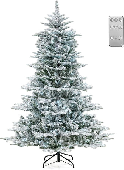 GOFLAME 6FT Pre-Lit Christmas Tree Snow Flocked, Hinged Artificial Xmas Tree with 661 Branch Tips, 500 Cold White LED Lights, 3 Lighting Modes, Timer, Remote, Holiday Decoration Tree for Home Party