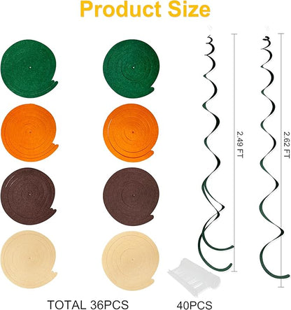36 Pcs Green Brown Orange Beige Hanging Swirl Decorations Felt Swirl Streamer Spiral Ceiling Garland for Woodland Safari Jungle Wild One Birthday Neutral Baby Shower Party Decorations Supplies