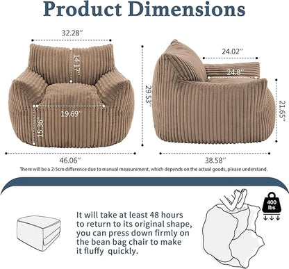 Giant Plush Bean Bag Chair for Adults with Armrests - Oversized Comfy Khaki Beanbag Lounge Lazy Floor Sofa Chair for Living Room, Bedroom & Dorm, Cozy Fluffy Single Cloud Mini Couch
