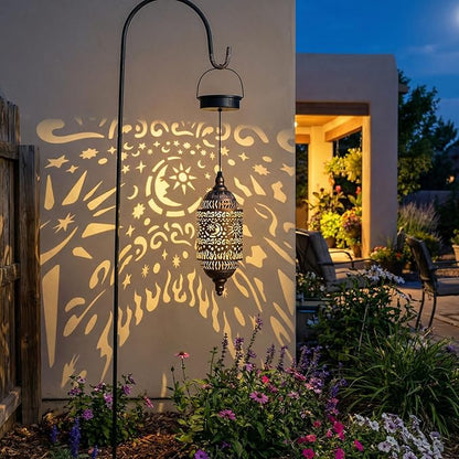 Moroccan Hanging Solar Lights Outdoor 2 Pack Garden Decor Sun and Moon Decorations Solar Lantern Waterproof for Patio Pathway Yard Backyard Garden Decorative (2)