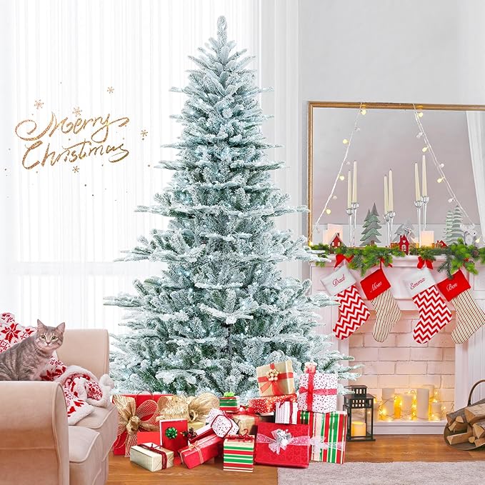 GOFLAME 7FT Pre-Lit Christmas Tree Snow Flocked, Hinged Artificial Xmas Tree with 1119 Branch Tips, 620 Cold White LED Lights, 3 Lighting Modes, Timer, Remote, Holiday Decoration Tree for Home Party