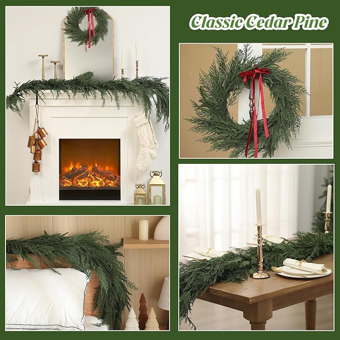Jutom 1 PCS 9 ft Realistic Christmas Garland - Artificial Mix Norfolk Cypress Pine Needles Faux Green Garland Decorations for Table Mantel Winter Holiday, Indoor & Outdoor Decor