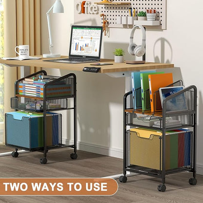 Rolling File Cabinet with Adjustable Dividers, Mobile Filing Cabinet with 2 Storage Drawers on Lockable Wheels, Hanging File Organizer Beside Under Desk for Office, Home（Patent Pending）