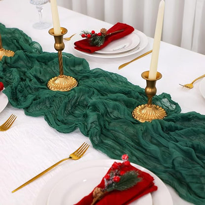 Snowkingdom 6 PCS Emerald Green Table Runner 120 Inch 10 Ft Rustic Boho Dark Green Cheese Cloth Runner for Wedding Bridal Baby Shower Birthday Party Christmas Sheer Gauze Home Table Centerpiece Deocr