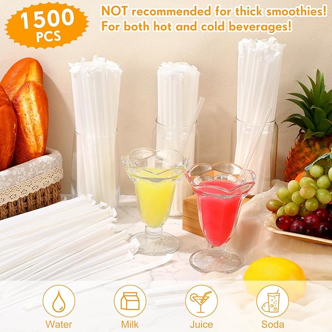 Hoolerry 1500 Pcs Plastic Straws Disposable Individually Wrapped Drinking Straight Long Straws, 0.24" Wide, for Hot and Cold Beverages (8 Inch)
