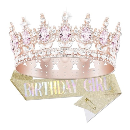 Queen Crown Birthday Crowns for Women, Birthday Girl Sash, Birthday Tiara for Women Set, Princess Rhinestone Birthday Girl Headband Birthday Gifts for Women, Sweet Happy Accessories