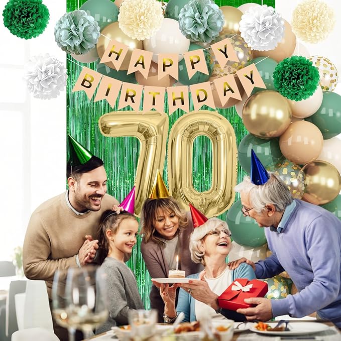 Sage Green 70th Birthday Decorations for Men Gold Number 70 Balloon Nude Gold Happy Birthday Banner Fringe Curtain Paper Pom Poms Olive Green Cream White Sand Star Foil Balloons Party Decor