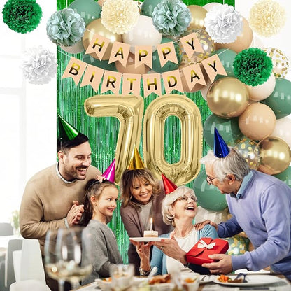 Sage Green 70th Birthday Decorations for Men Gold Number 70 Balloon Nude Gold Happy Birthday Banner Fringe Curtain Paper Pom Poms Olive Green Cream White Sand Star Foil Balloons Party Decor