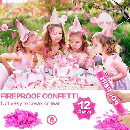 Confetti Cannon Pink 12 Pack Biodegradable Handheld Confetti Party Poppers for Weddings, Gender Reveals, Birthdays & Celebrations 12-Inch Twist Confetti Shooters for Party Fun