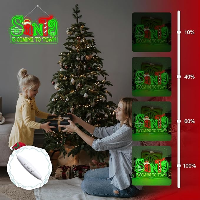 Horseneon Christmas Neon Sign Christmas Light Santa is Coming to Town Neon Sign Bright LED Wall Decoration for Home Shop Bar Santa Claus Neon Signs