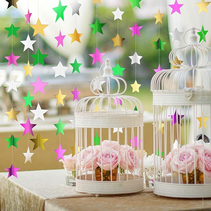 Patelai Glitter Star Garland Banner Christmas Decor 130 Feet Star Hanging Bunting Banner Twinkle Backdrop for Homecoming Classroom Wedding Birthday Halloween Party Supplies(Green,Pink,Gold,Silver)