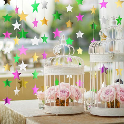 Patelai Glitter Star Garland Banner Christmas Decor 130 Feet Star Hanging Bunting Banner Twinkle Backdrop for Homecoming Classroom Wedding Birthday Halloween Party Supplies(Green,Pink,Gold,Silver)