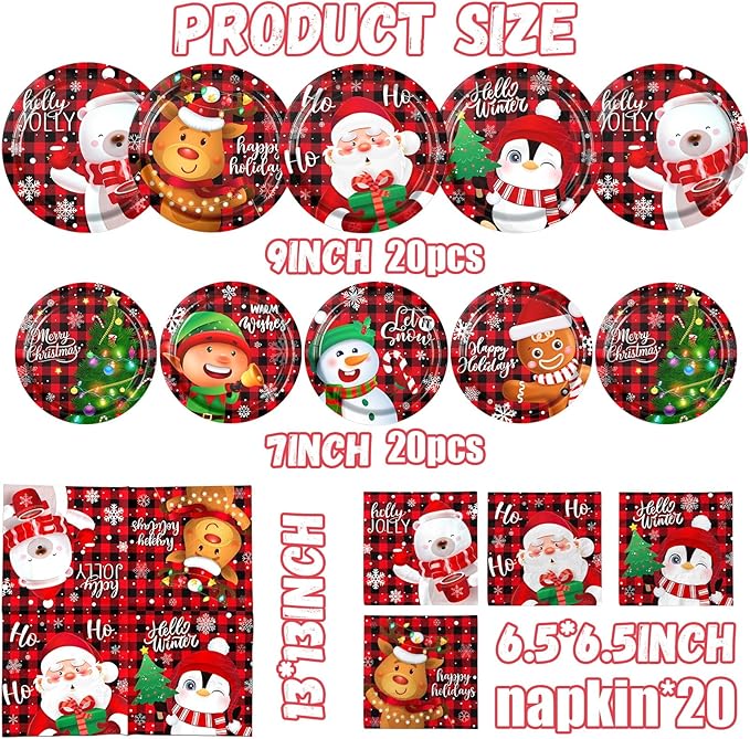 60pcs Christmas Paper Plates and Napkins Disposable Santa Snowman Christmas Plaid Plates Dinnerware Set Table Decorations for Holiday Xmas Party Supplies