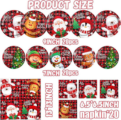 60pcs Christmas Paper Plates and Napkins Disposable Santa Snowman Christmas Plaid Plates Dinnerware Set Table Decorations for Holiday Xmas Party Supplies