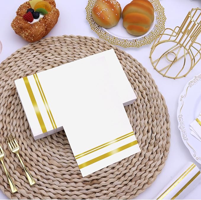 100 Pcs White and Gold Napkins - Gold Paper Napkins Disposable - Premium Quality Gold Dinner Napkins for Bathroom Kitchen Wedding Birthday Anniversary Party