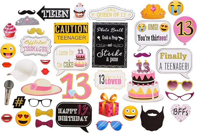 13th Birthday Photo Booth Props - 41-pc Photo Prop Kit with 8 x 10-Inch Sign, 60 Adhesive Pads, 45 Sticks - Teen Girl Photo Booth Props - Party Supplies 13th Birthday